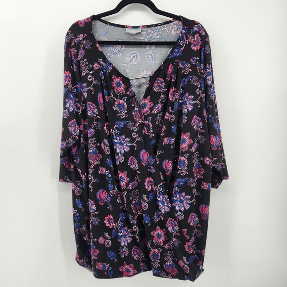Catherines 2X Floral Print 3/4 Sleeve Faux Wrap Top Blouse Plus Size - Picture 1 of 7